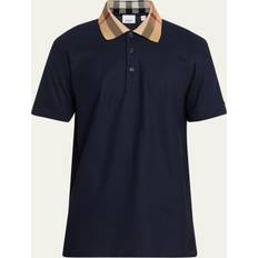 Burberry Men Tops Burberry Check Collar Cotton Polo Shirt - Smoked Navy