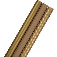 Jam Paper Kraft Gold Stripes & Solids Deluxe Set Wrapping 87.5 sq ft 3/Rolls