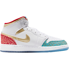 Nike Air Jordan 1 Mid GS - White/University Red/Blue Lightning/Metallic Gold