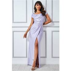 Goddiva Cowl Neck Bardot Satin Maxi Front Split