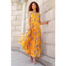 Long Dresses - Women - Yellow Roman Sleeveless Floral Frill Maxi Dress