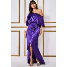 Goddiva Satin Drape Shoulder Wrap Maxi Dress