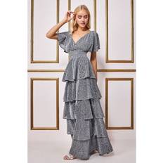 Long Dresses - Silver - Solid Colours Goddiva Sequin Lurex Tiered Maxi Dress