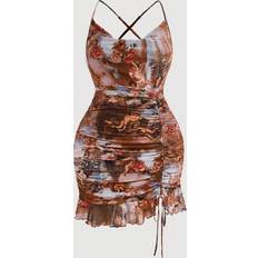 Best Dresses Shein Plus Angel Print Drawstring Ruched Ruffle Hem Mesh Cami Dress