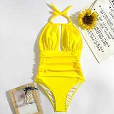 Yellow Swimsuits Shein Ruched Halter One Piece Swimsuit