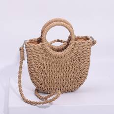 Shein Half-Round Woven Straw Bag, Women's Summer Crossbody Bag, Casual Beach Handbag For Holiday straw bag Half-Round Rattan Woven Straw Bag, Simple Summer Beach Handbag, Women's Knitted Crossbody Bag