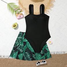 Black Bathing Suits Shein Teen Girl Frill Trim One Piece Swimsuit With Tropical Print Beach Skirt