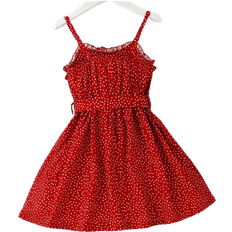 Shein Toddler Girl's Polka Dot Frill Trim Belted Cami Dress - Red