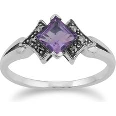 Purple Rings Gemondo Art Deco Style Square Amethyst & Marcasite Ring in 925 Sterling Silver