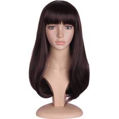 Curly Flat Bangs Medium Length Wigs 20 inch Dark Brown