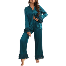 Turquoise Sleepwear Shein Notch Collar Blouse and Ruffle Hem Trousers PJ Set