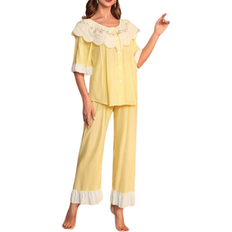 Women - Yellow Pyjamas Shein Contrast Lace Ruffle Trim Flounce Sleeve PJ Set