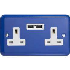 Blue Power Strips & Branch Plugs Varilight XY5U2W.RB Lily Primary Reflex Blue 2 Gang Double 13A Unswitched Plug Socket 2.1A USB