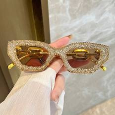 Shein 1pc Gold-plated Women's Cat Eye Sunglasses With Rhinestone For Outdoors, Traveling, And Sun Protection