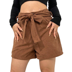 Shein High Waist Belted Corduroy Shorts - Brown