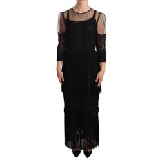 Long Dresses - XXXS Dolce & Gabbana Black Sheer Floral Lace Crystal Maxi Dress IT44