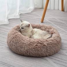 Shein 1pc Plush Solid Color Round Pet Bed, Warm Long Fur Filled Donut-shaped