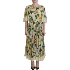 Long Dresses - XXXS Dolce & Gabbana Yellow Floral Print Pleated Maxi Silk Dress IT40