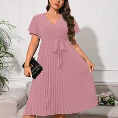 Pink - Solid Colours Dresses Shein Plus V-neck Pleated Hem Midi Dress