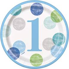 Unique Blue Dots 1st Birthday Party Dessert Plates, 8 Ct