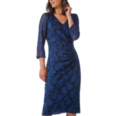 Roman Palm Print Ruched Lace Dress - Petrol Blue