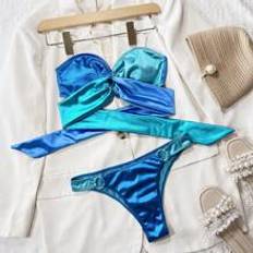 Blue Bikini Sets Shein Swim SXY Two Tone Bikini Set O-ring Detail Bandeau Wireless Bra Top & Cheeky Bikini Bottom 2 Piece Bathing Suit