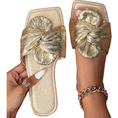 Shein Women's Flat Slipper Gold Pleated Glitter Holiday Style Elegant Slipper All Seasons Square Toe Slippers