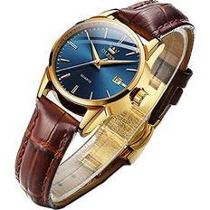 Olevs Business Leather Watches-OLEVS Ladies Dress Analog Date Classic Luminous Blue Brown Leather 3ATM Waterproof Female Wrist