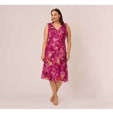 Adrianna Papell Plus Metallic Floral Chiffon Midi Dress With Ruffled Neckline In Raspberry Multi