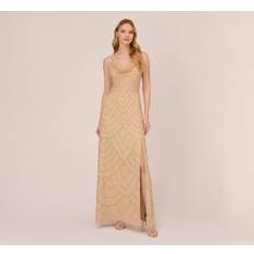 Adrianna Papell Art Deco Beaded Mermaid Gown With Cowl Neckline In Champagne Gold