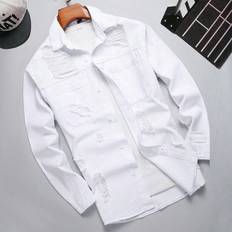 Loose Shirts Shein Men Cotton Ripped Frayed Flap Pocket Denim Shirt Without Tee