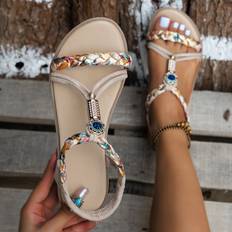 Shein Women's Fashionable & Casual Flat Sandals With Ankle Strap,weaved Details And Rhinestone Decor