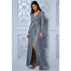 Long Dresses - Silver - Solid Colours Goddiva Wrap Style Front Split Metallic Maxi Dress Silver