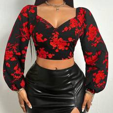 Shein Floral Print Sweetheart Neck Lantern Sleeve Crop Blouse