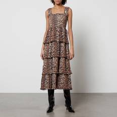 Leopard Dresses Ganni Pleated Georgette Flounce Smock Midi Dress 42/UK Beige