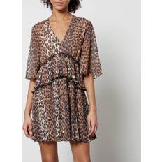 Leopard Dresses Ganni Ruffled Leopard-Print Chiffon Mini Dress 34/UK Beige