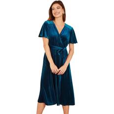 Turquoise - Women Dresses Yumi Velvet Wrap Over Midi Dress, Teal