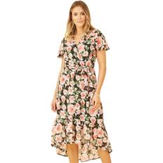 Black - Florals - Women Dresses Yumi Mela London Floral Wrap Tiered Dipped Hem Dress