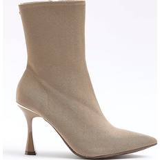 Beige - Women Ankle Boots River Island Womens Beige Knitted Heeled Ankle Boots Beige