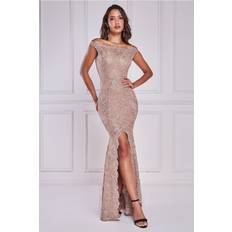 Beige Dresses Goddiva Lace Scallop Edge Mermaid Maxi Champagne