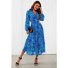 XXL Dresses FS Collection Floral Print Long Sleeve Maxi Dress In Blue