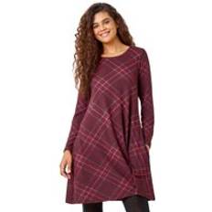 Checkered - Elastane/Lycra/Spandex - Long Dresses Roman Check Print Swing Stretch Dress Burgundy