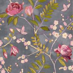 Grandeco Lola Painted Floral Trail Smooth Wallpaper, Charcoal Pink