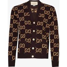 Brown - Men Cardigans Gucci Mens Bordeaux Camel Logo-embroidered Ribbed-trims Wool Cardigan