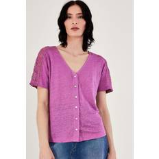 Linen - Women T-shirts & Tank Tops Monsoon Plain Button Through Lace Sleeve Linen Top, Purple