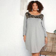 Grey - Leopard Dresses Shein Plus Leopard Print Patchwork A-Line Dress With Asymmetric Hemline