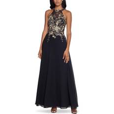 Betsy & Adam Long Embroidered Halter Chiffon Gown Black/Gold