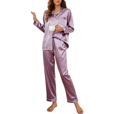 Shein Contrast Binding Button Up Satin Pajama Set