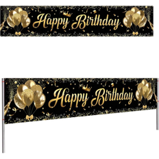 Shein 1pc Black Gold Balloon Pattern Gesign Happy Birthday Polyester Banner, Background Cloth Perfect Decoration Birthday Party