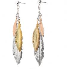 Beaverbrooks Beaverbrooks Women's Silver, Rose Gold and Gold Plated Feather Drop Earrings, 55mm